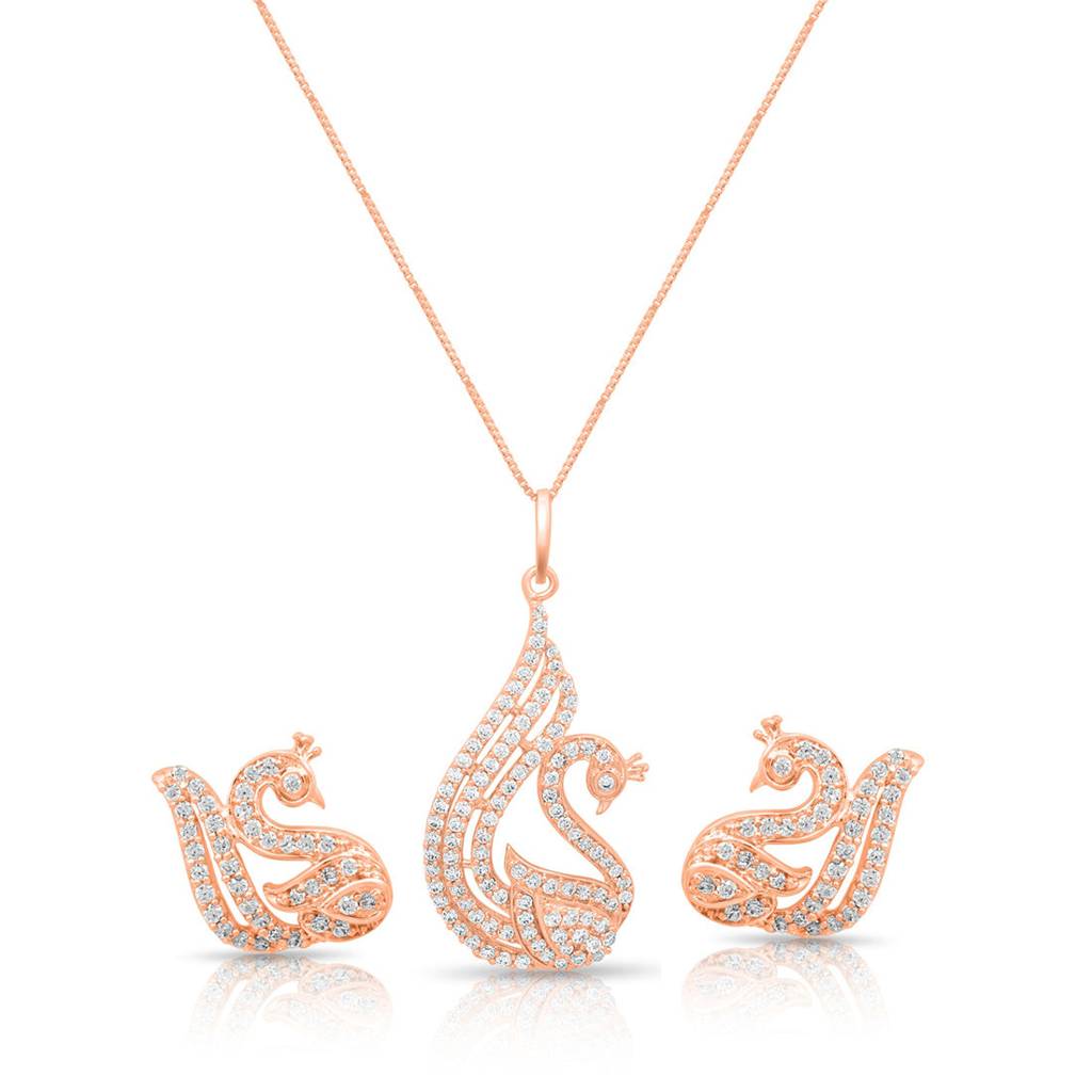 Graceful Swan Rose Gold Plated 925 Sterling Silver Jewelry Set : JS-70198-C-RG