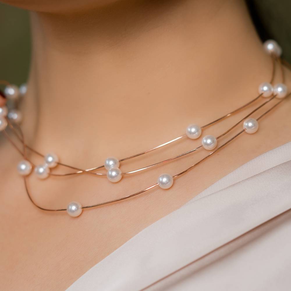 925 Silver Rose Gold Pearl Necklace | Faceted Crystal Necklace : NL1058