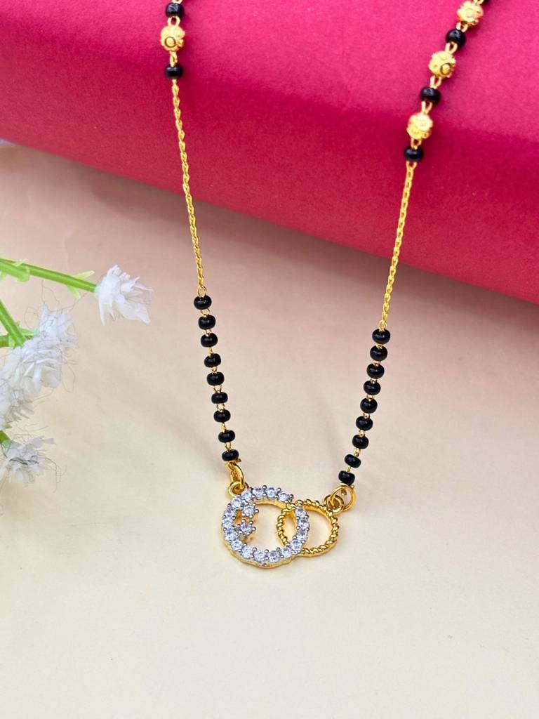 Gold Plated Ad & Cz Studded With Gold & Black Beads Mangalsutra Necklace : VI26MSAD100008