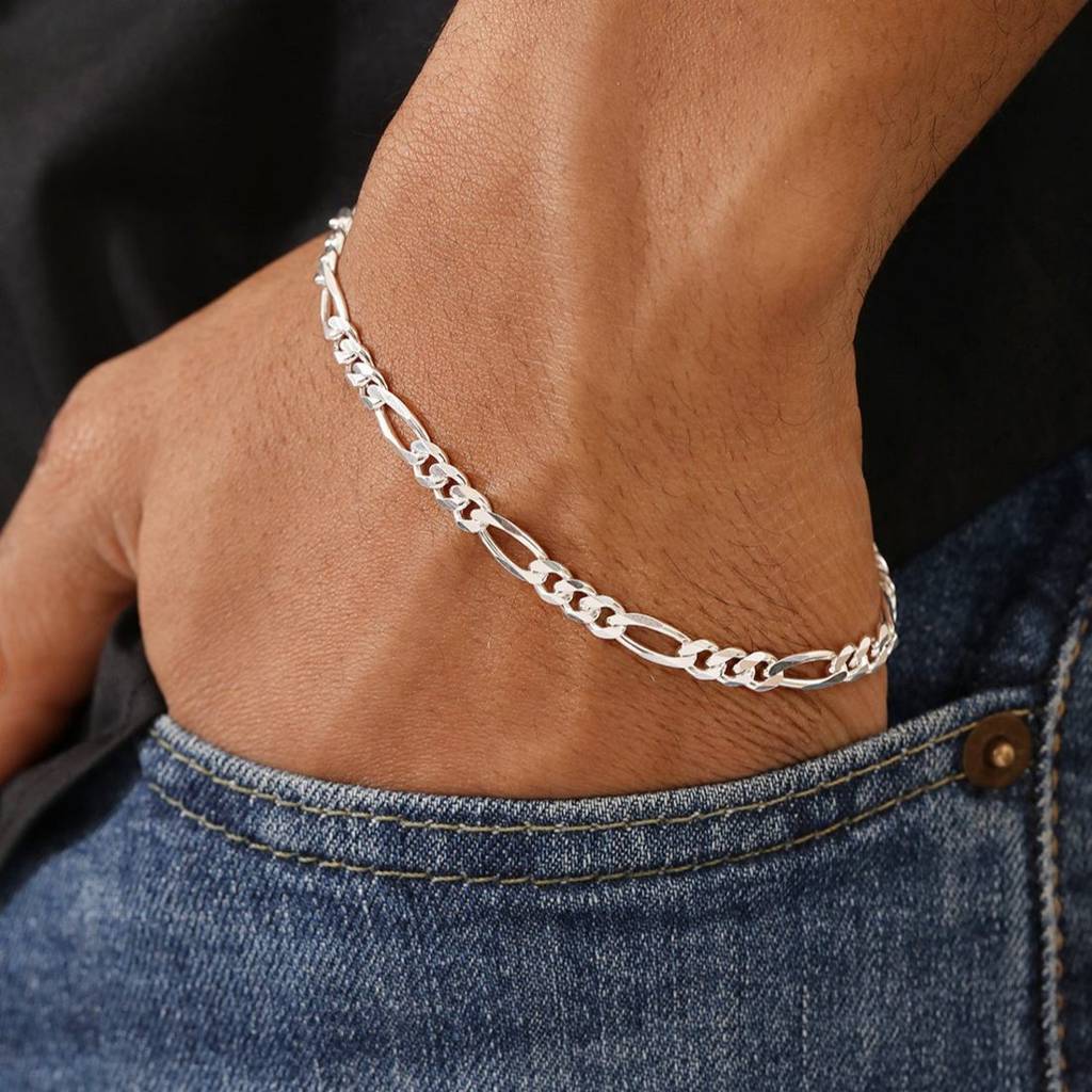 Figaro Rhodium Plated 925 Sterling Silver Mens Chain : M-BR-80425-8-4-S