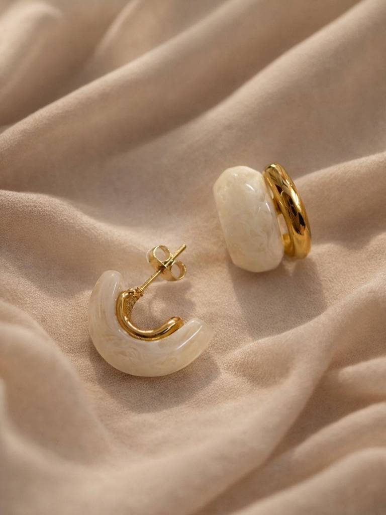 Beige Resin Gold Stud Earrings | 18K Gold Plated Everyday Studs : ATE762RBGS
