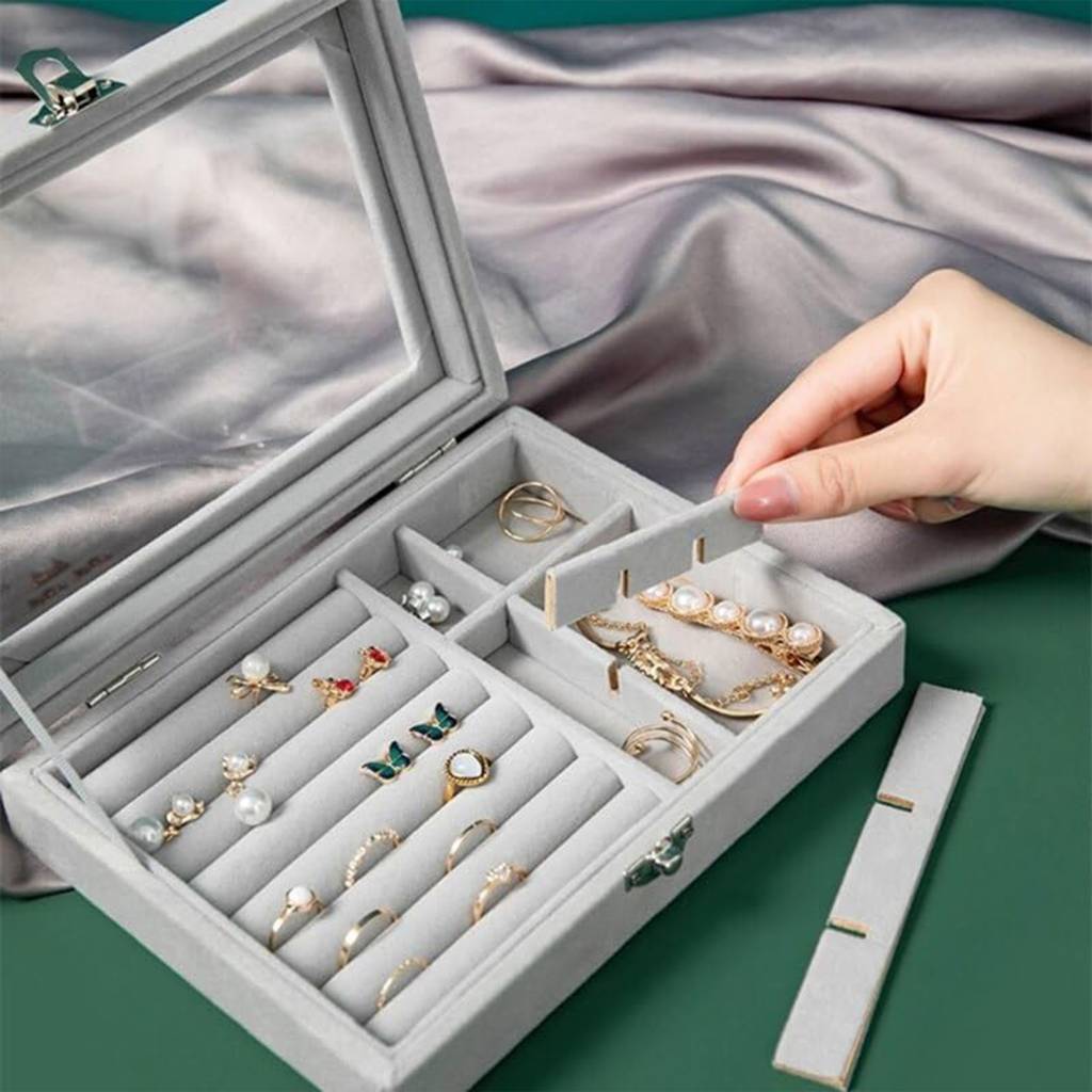 Estele Jewellery Organiser Box Grey Leather Clear Lid Jewelry Organizer With Dividers Container : JOB-005-Grey-JO-BOX