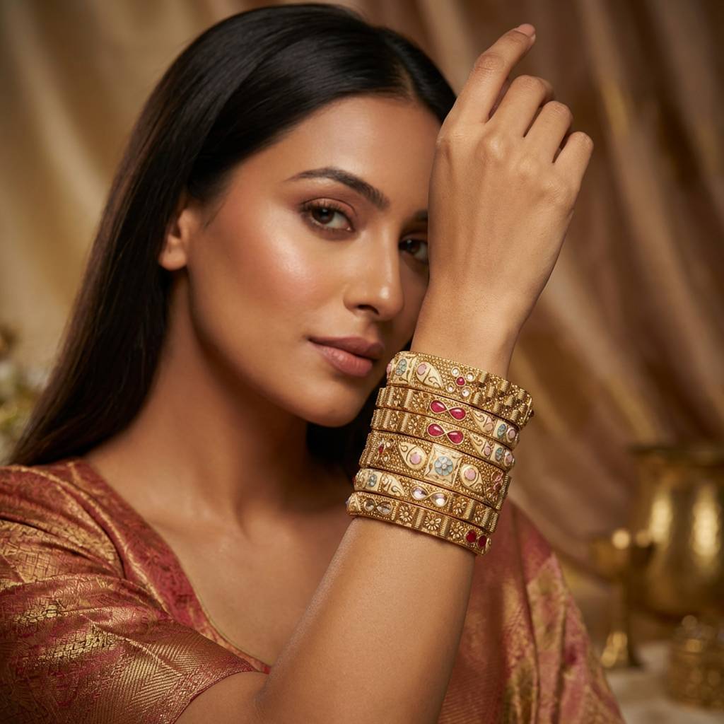 Antique Gold Plated Meenakari Bangle Set With Pastel Enamel & Ruby Red Stones : BV-BG-6-24