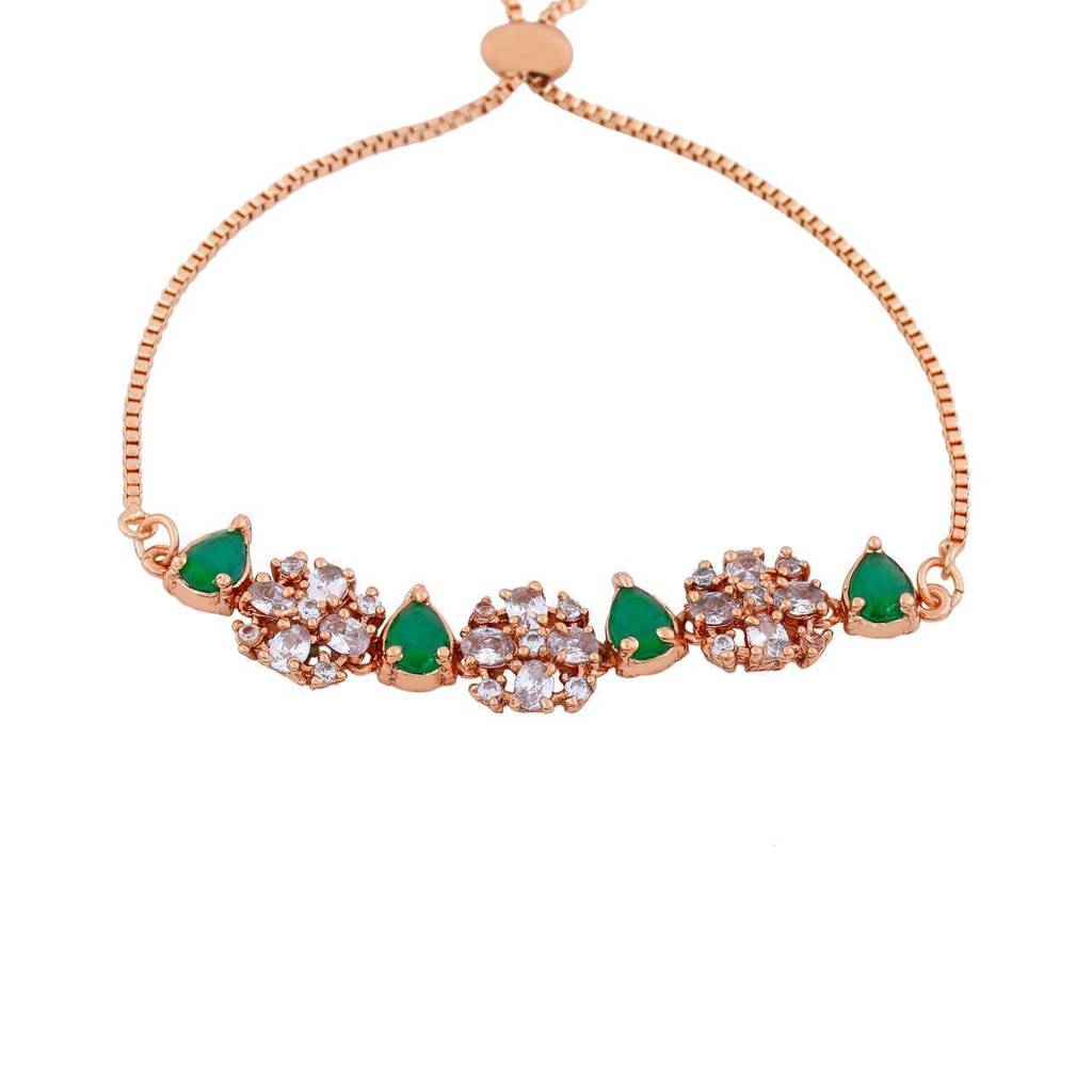 Estele Rose Gold Plated Cz Flower Designer Bracelet With Green Stones For Girls & Women