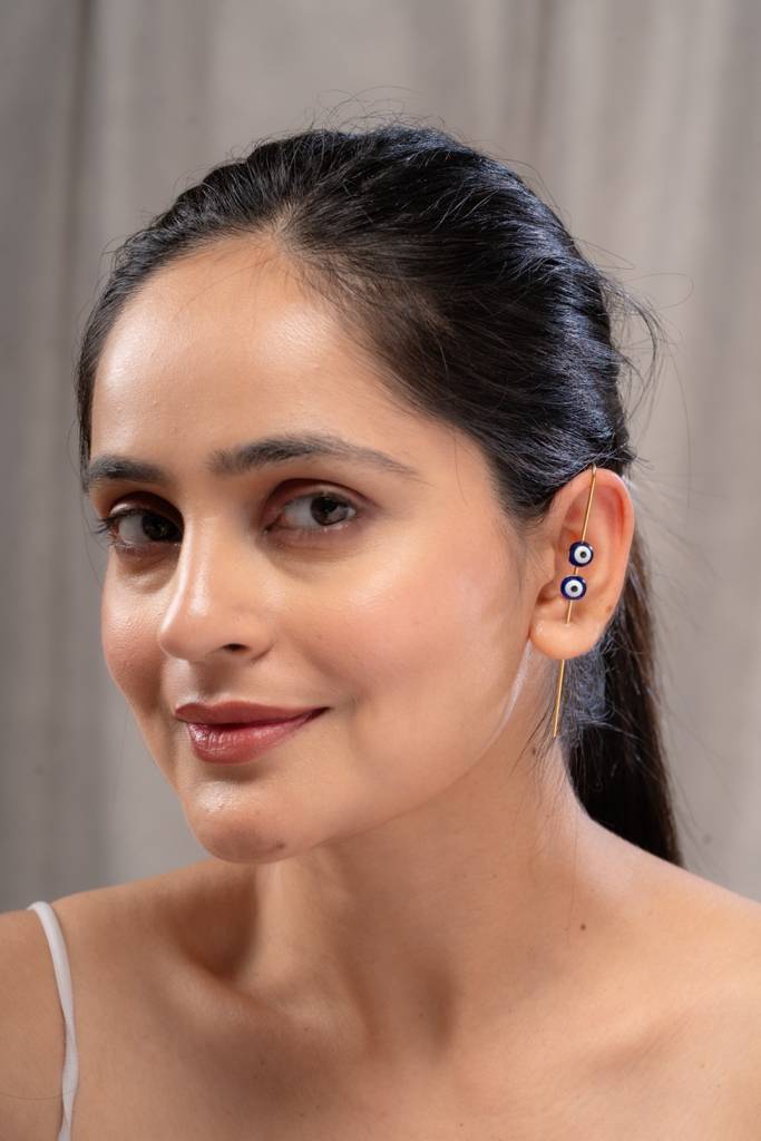 Anti-Tarnish 22Kt Gold-Plated Evil Eye Needle Earcuff-Single : EC06018