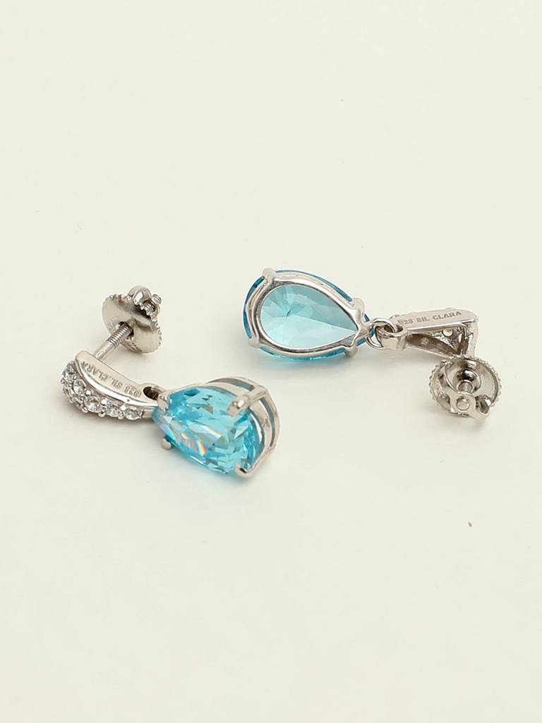 92.5 Sterling Silver Rhodium Plated Swiss Zirconia Sky Blue Tear Drop Earrings With Screw Back Gift For Women & : CSCLRE4PR_BT