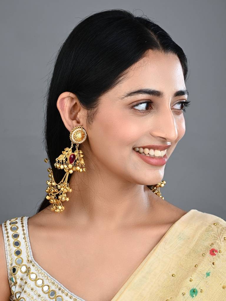 Gold Plated Studs With Ear Chains : S24KCER648RED