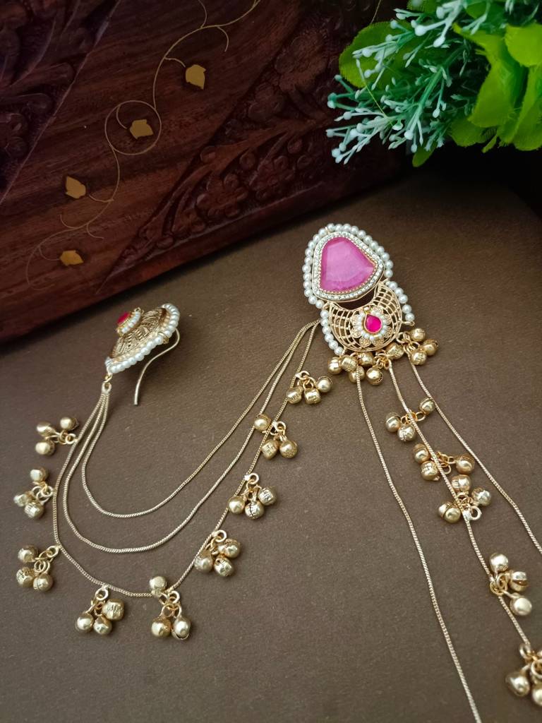 Brass-Plated Kundan Studded & Ghungroo Beaded Kashmiri Earrings With Earchains : VS105344