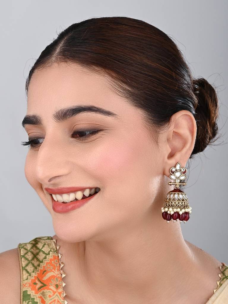 Gold Plated Kundan & Meenakari Jhumka Earrings : S24FAER411RED