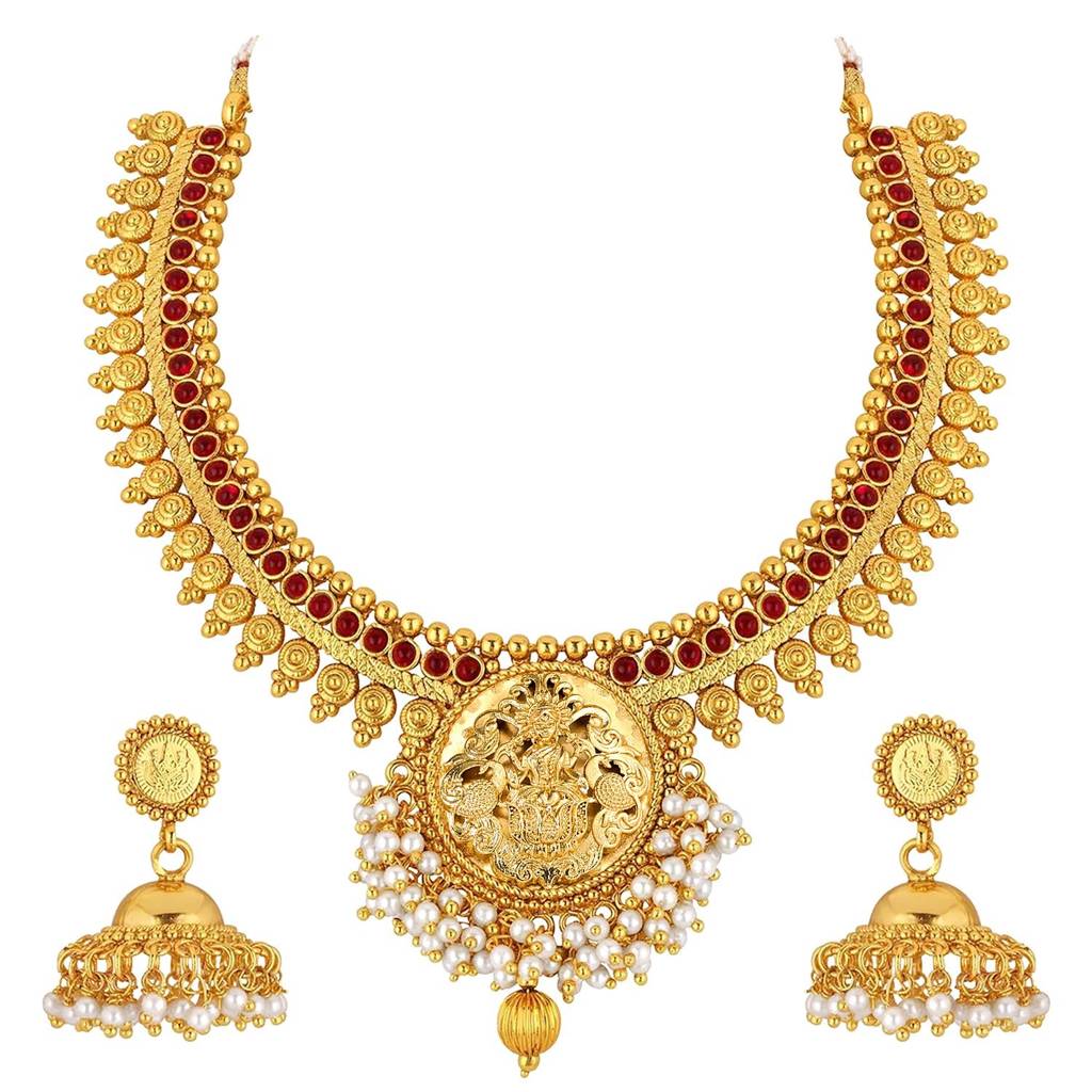 Peora Temple Jewellery Gold Plated Goddess Laxmi Pearl Necklace With Jhumki Earrings Ethnic Jewellery For Women Gi : PF37N013R