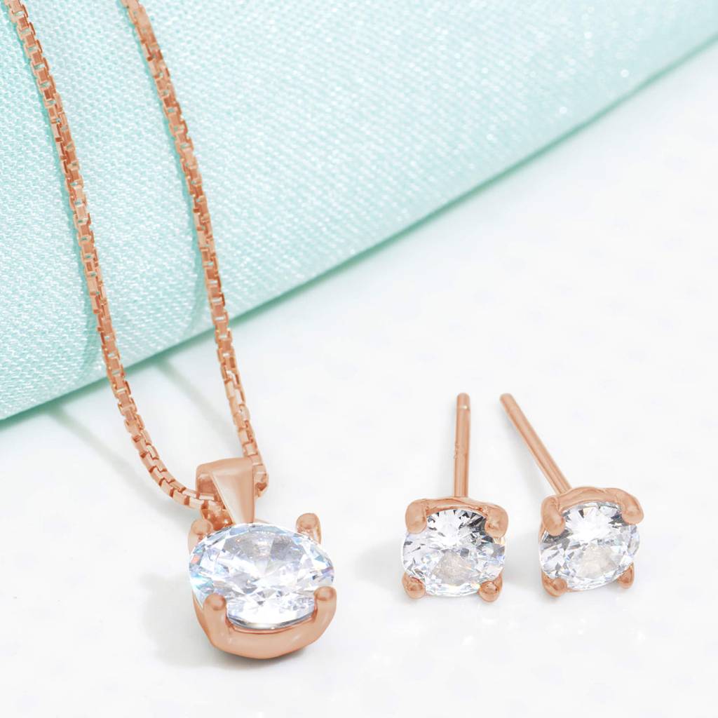 Sensational Solitaire 925 Silver Jewellery Set In Rose Gold : JS-70037-C
