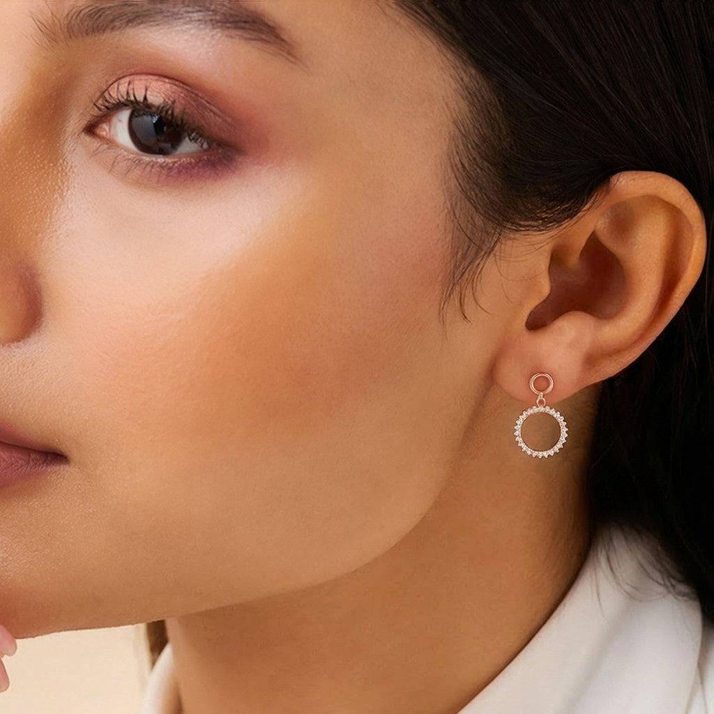 Halo Circle Rose Gold Plated 925 Sterling Silver Drop Earrings : EAR-21055-RG