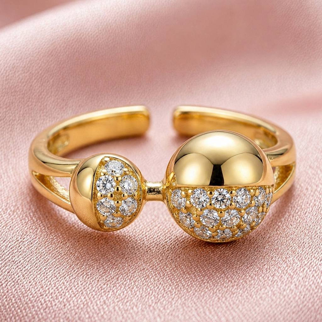 Contemporary Dual Sphere Gold Anti-Tarnish Ring For Women : HSPS60MB1852