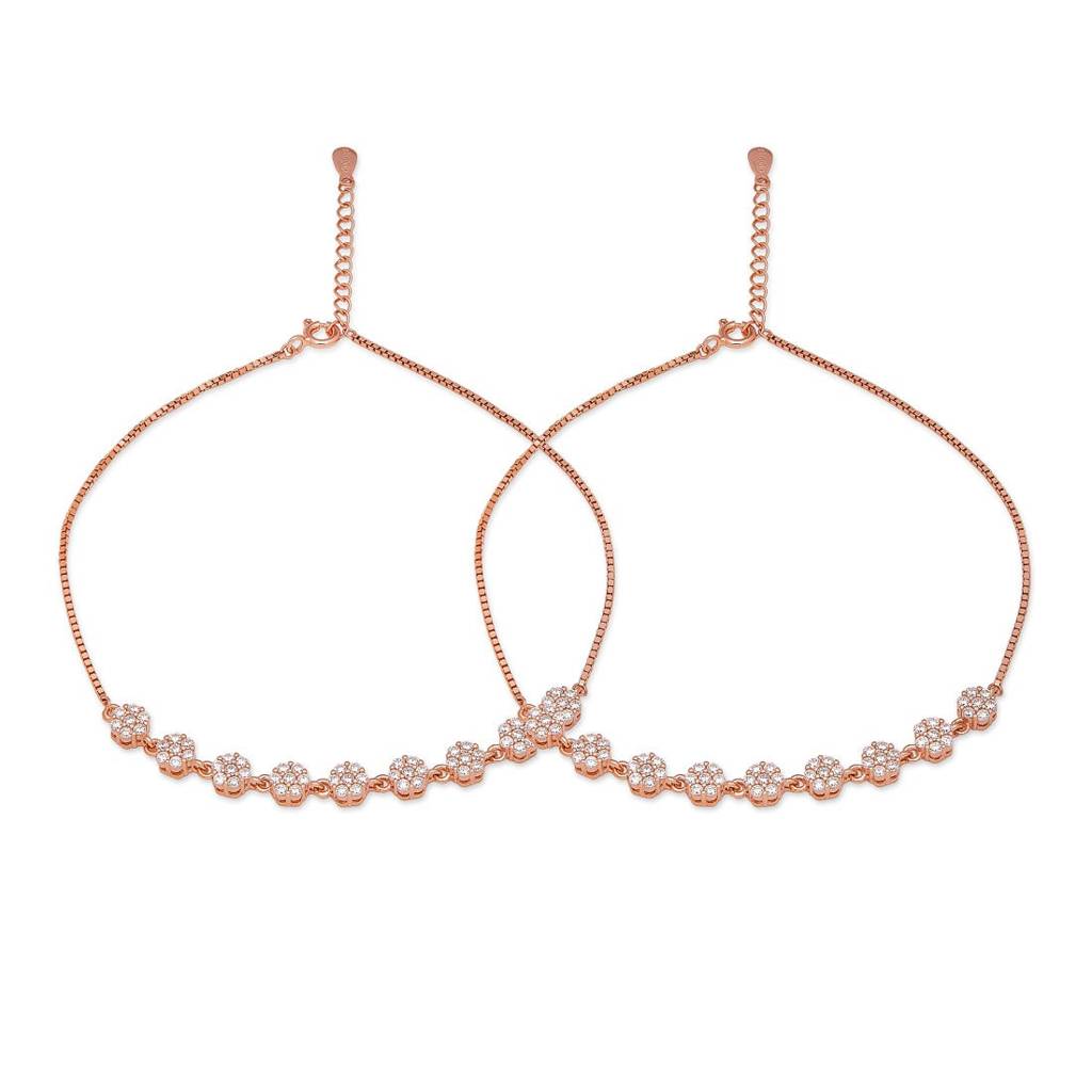 Blossom Brilliance Floral Cz Rose Gold Plated 925 Sterling Silver Anklet : ANK-60370-PAIR-RG