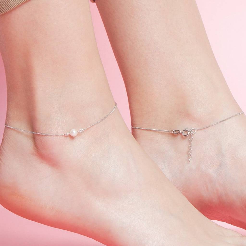 White Pearl Rhodium Plated 925 Sterling Silver Chain Anklet : ANK-60260-PAIR