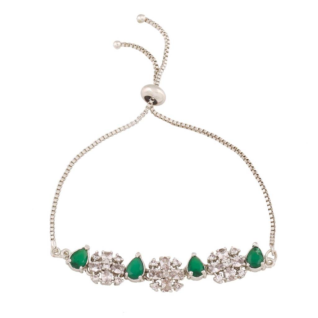 Estele Rhodium Plated Cz Sparkling Flower Designer Bracelet With Green Stones For Women