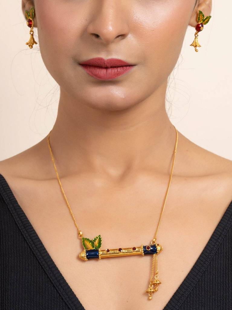 Gold Plated Meena Flute Pendant Necklace Set With Chain And Matching Earrings - Copper Jewelry Set : LAANP71