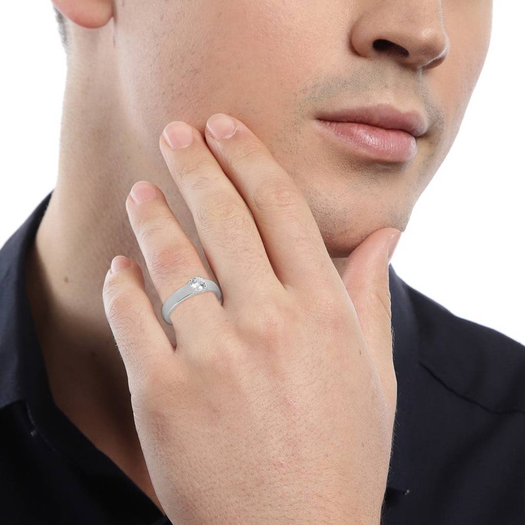 Cz Solitaire Rhodium Plated 925 Sterling Silver Ring For Him (Adjustable) : RNG-40139