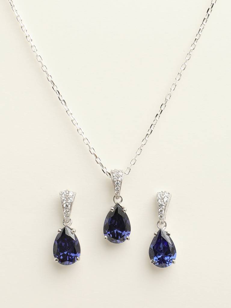 92.5 Sterling Silver Rhodium Plated Swiss Zirconia Royal Blue Tear Drop Pendant Earring Chain Jewellery Set G : CSCLRP4E4PR_BS