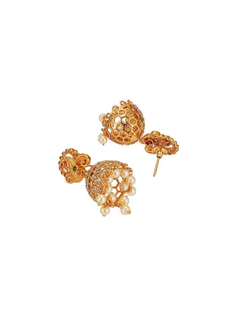 Gold Plated Multi Colored Ad Studded Peacock Temple Jhumka Earrings : SJER2974