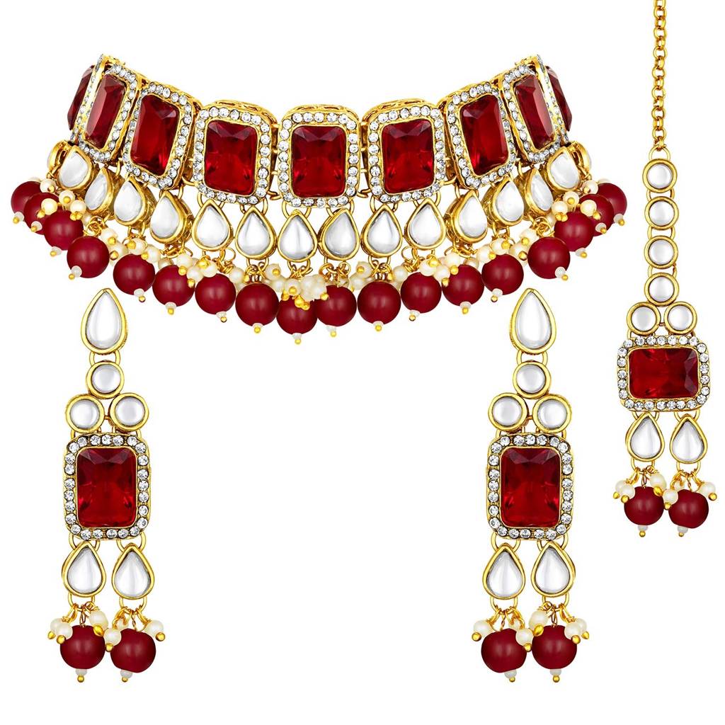 Peora Gold Plated Traditional Kundan Choker Necklace Jewellery Set With Dangle Earring Maang Tikka For Women Girls : PF24N2944M