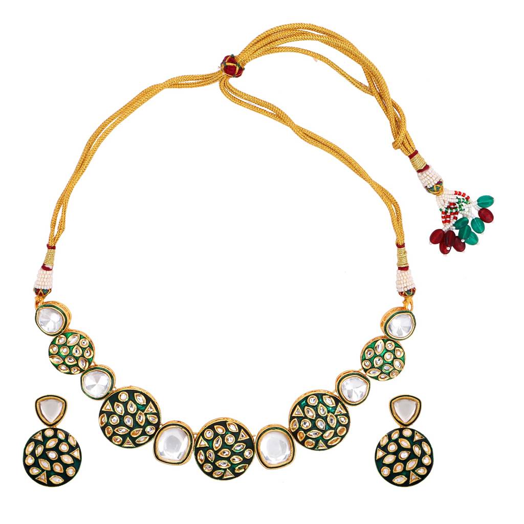 Green Jadau Polki Necklace Set : NE45006