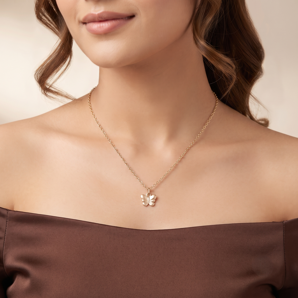 Gold Plated Brass Layered Butterfly Pendant Necklace : SCDELPS0457