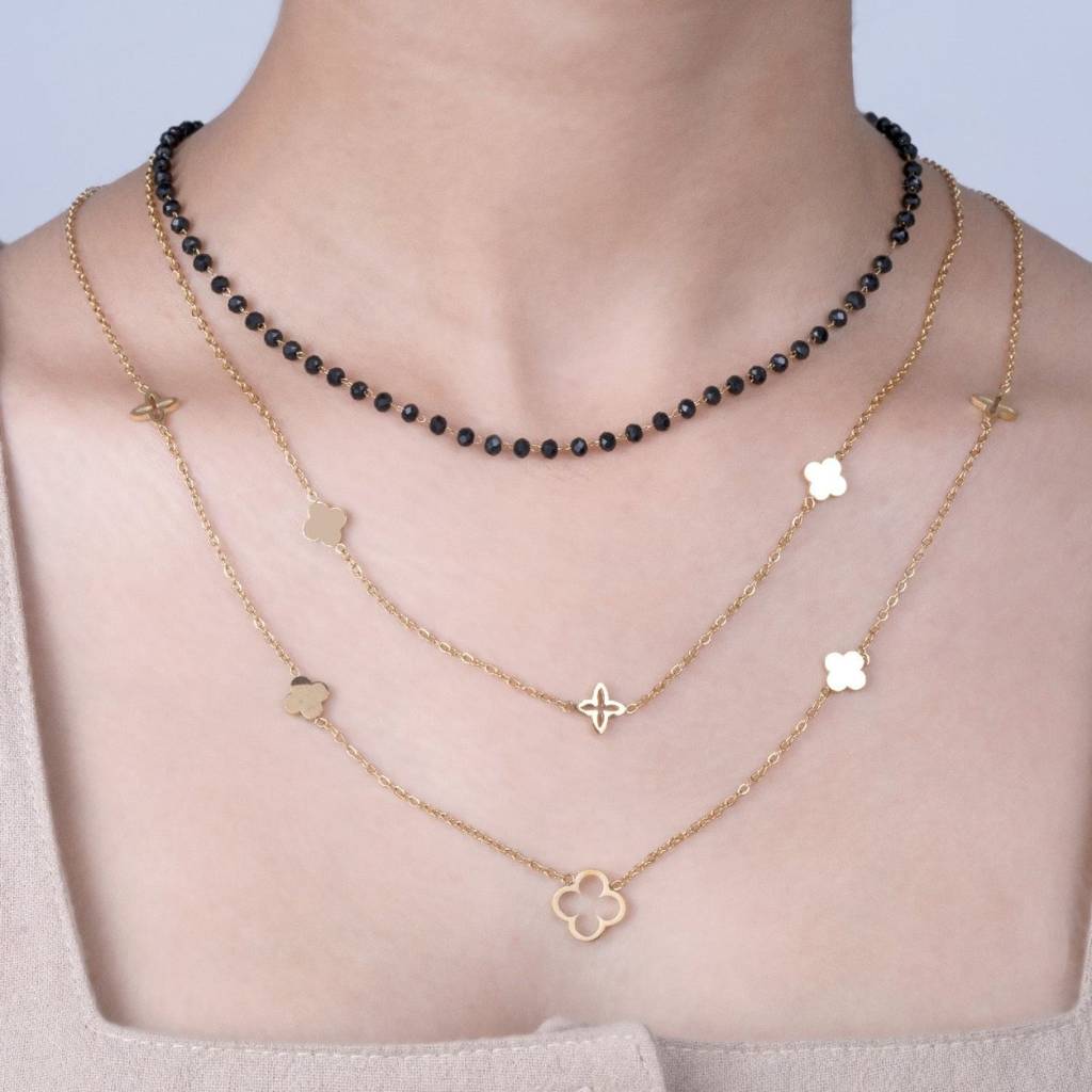 Gold Plated Elegant Clover And Bead Layered Necklace For Women & Girls : HSPS60MB0217