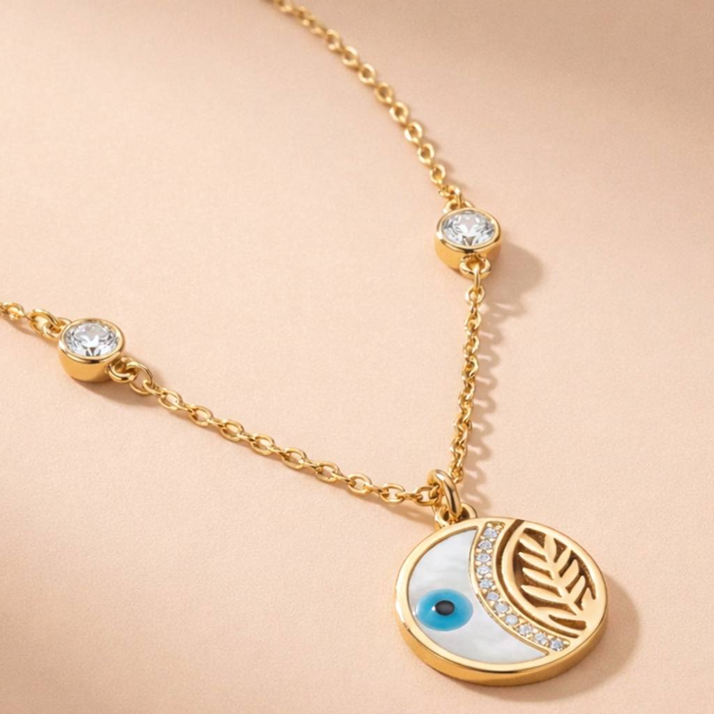 Gold Plated Evil Eye Leaf Charm Pendant Necklace : HSPS60MB1471