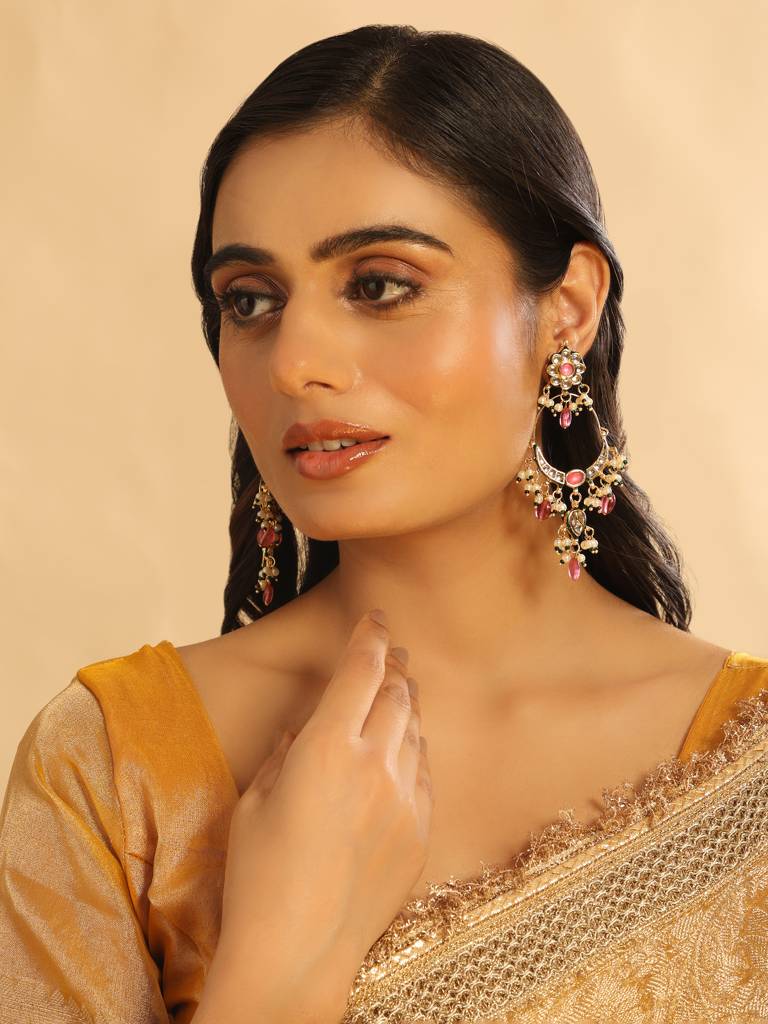 22K Gold Plated Crescent Kundan Drop Stone Chandbali Earrings : YI24A0457E