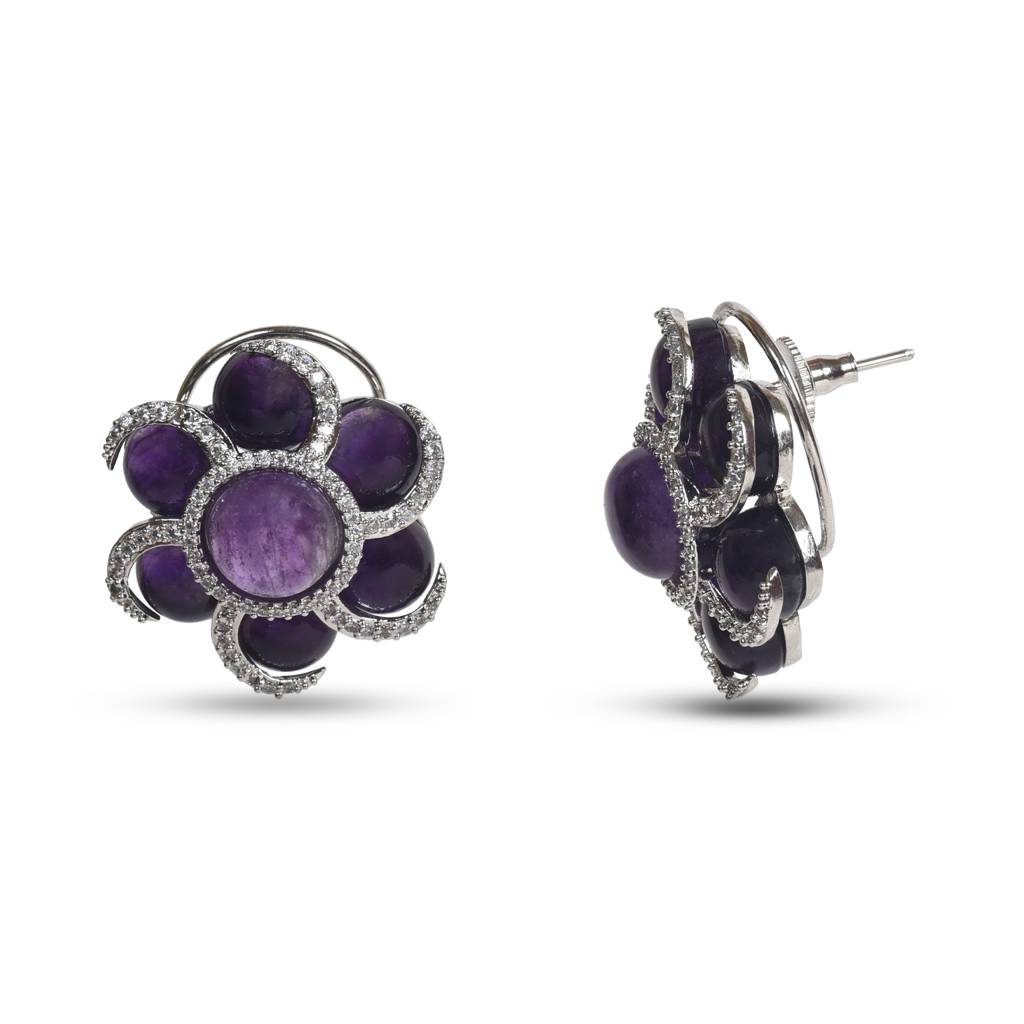 Amethyst And Zircon Flower Tops Earrings