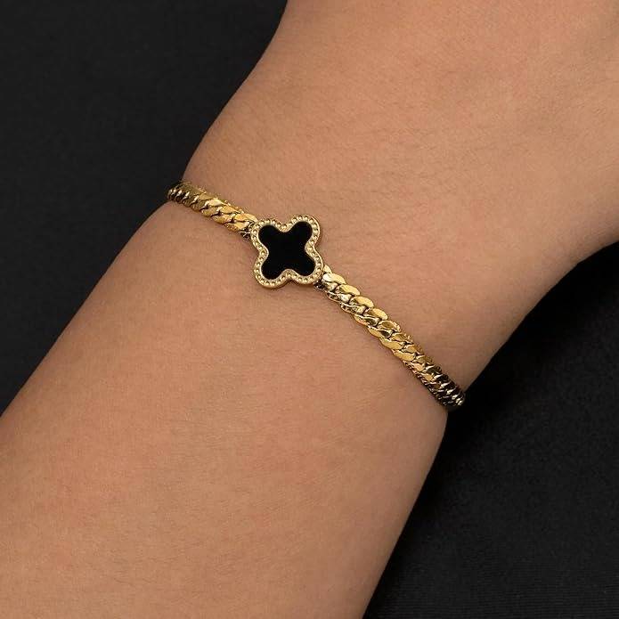 Gold Plated Anti Tarnish Black Clover Charm Bracelet For Women : HSPS60MB0953