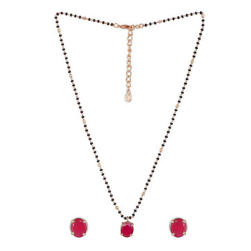 Estele Rose Gold Plated Cz Spherical Maangalsutra Necklace Set With Ruby Stones For Women