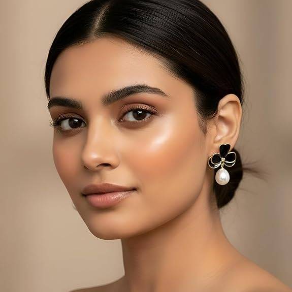 Black Clover Pearl Drop Anti Tarnish Earrings For Women : HSPS60MB1059