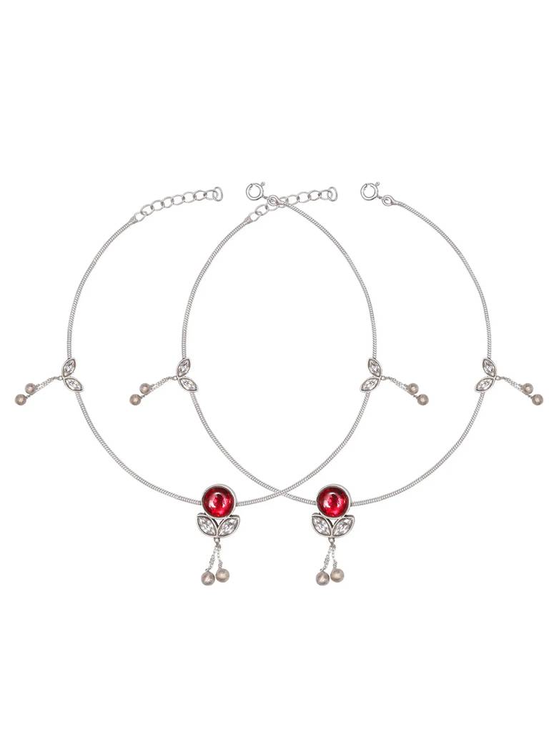 Big Red Kundan With Small Beads Hangings Silver Anklets : U080SO23LA0311