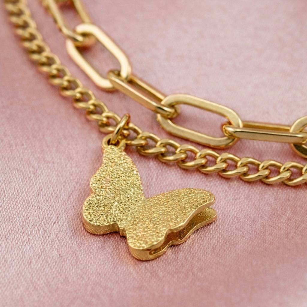 Gold Plated Layered Butterfly Charm Anti-Tarnish Bracelet : HSPS60MB1533