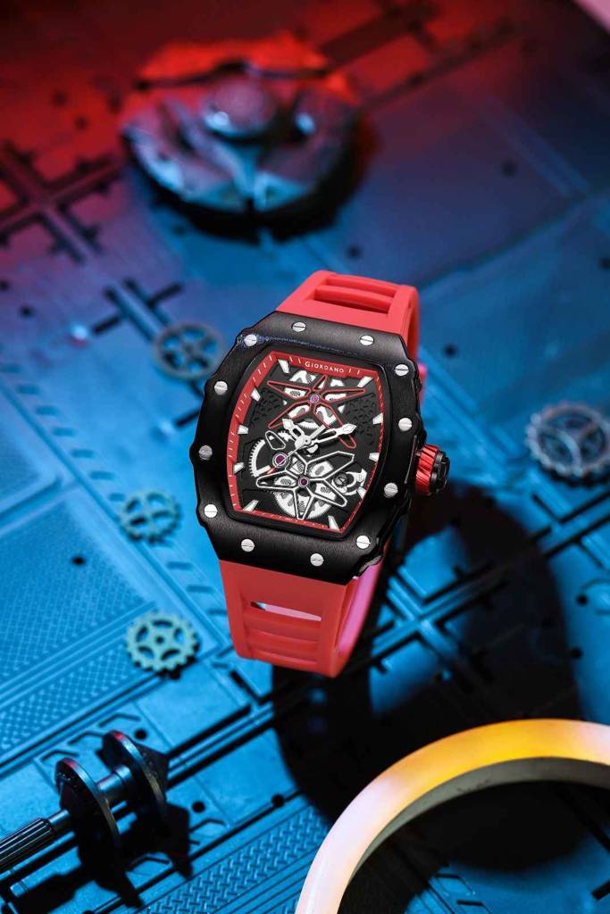 Giordano Analog Skeleton Dial Watch For Men Â Tonneau Case, Silicone Strap, Open-Gear Sport Design, Quartz Mov : GZ-50188-66