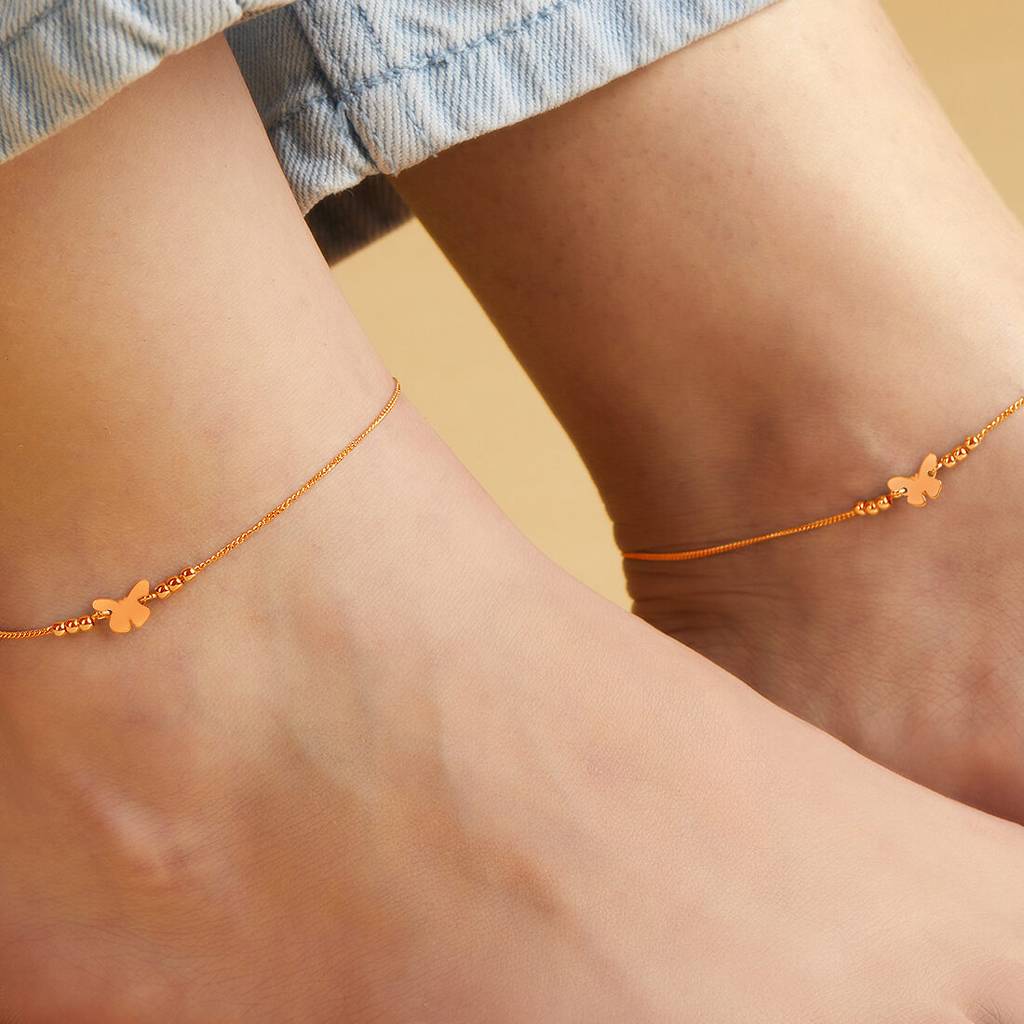 Beaded Butterfly Rose Gold 925 Sterling Silver Chained Anklet : ANK-60261-PAIR