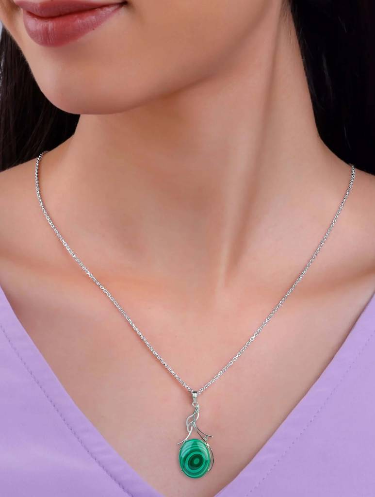 925 Sterling Silver Malachite Pendant With 18 Inch Chain Handmade Gemstone Necklace For Women Elegant Jewelry : FU-0819