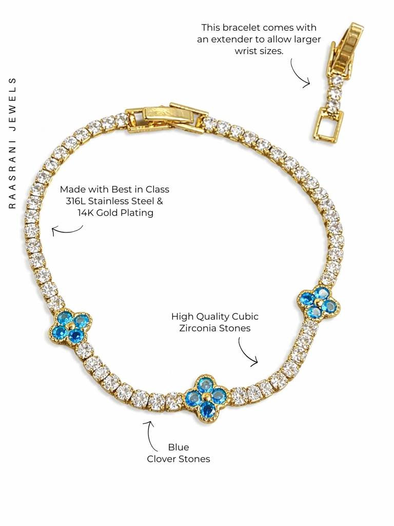 Blue & Gold Clover Cz Tennis Bracelet | Anti-Tarnish & Water Resistant : S925B744BGCSB