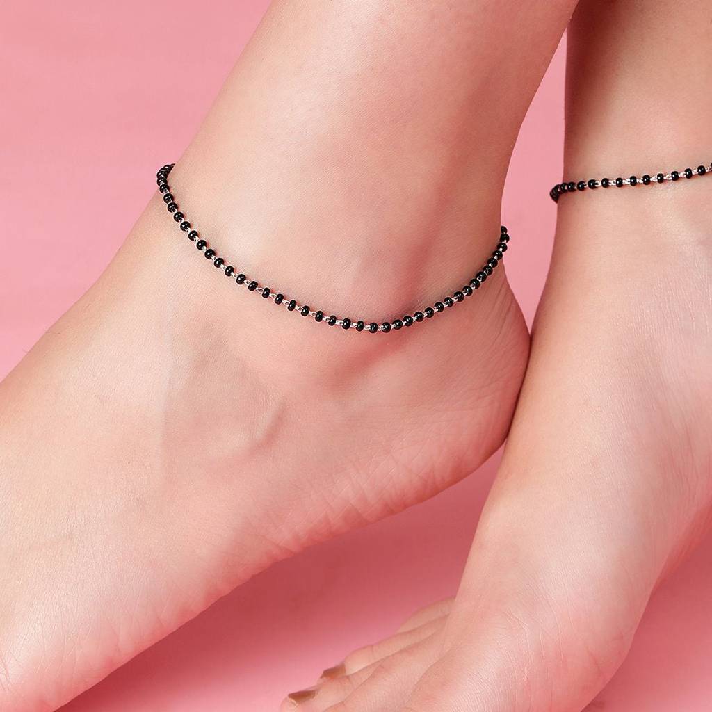 Silver Serenity Rhodium-Plated 925 Sterling Silver Anklet With Beaded Chain : ANK-60300-PAIR-S