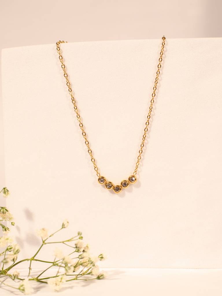 V Studded Pendant Necklace Â Gold Plated Stainless Steel, Premium Ad Stones, Adjustable Length : ATC552VSN