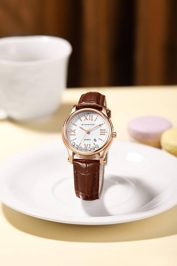 Giordano Luxury Analog Quartz Watch For Women Â Rose Gold Case, Roman Numerals, Crystal-Studded Dial, Leather  : GZ-60142-22
