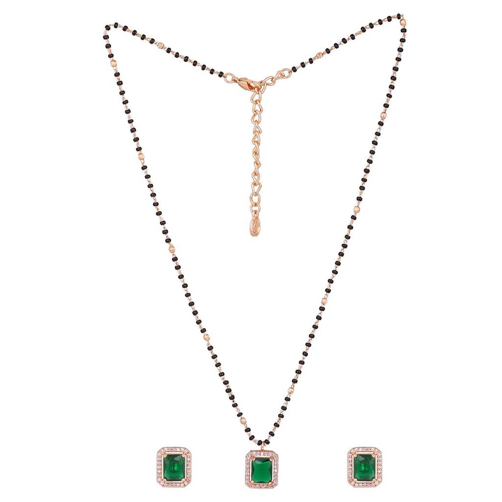 Estele Rose Gold Plated Cz Square Mangalsutra Necklace Set With Emerald Stone For Women