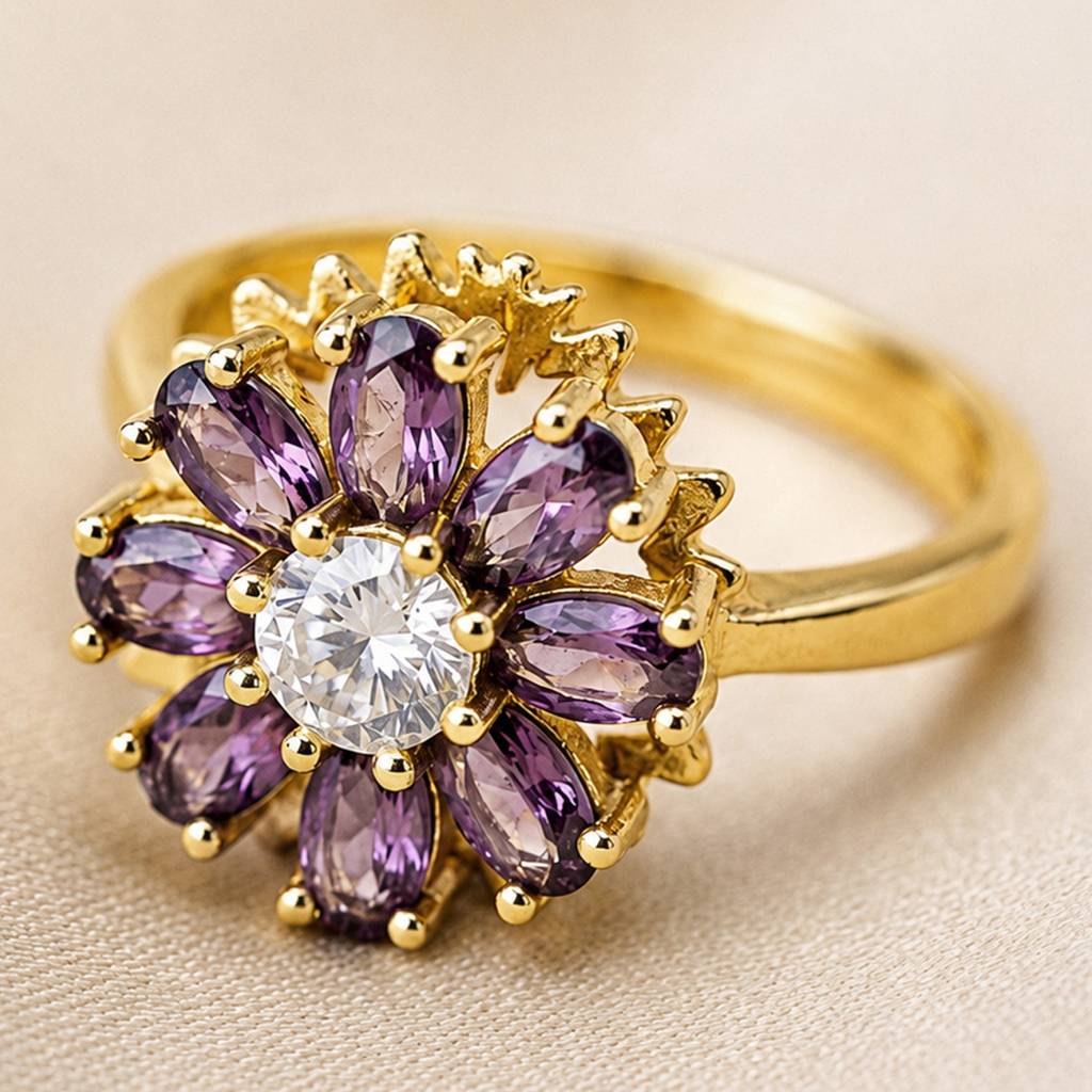 Gold Violet Petal Revolving Flower Crystal Adjustable Anti-Tarnish Ring For Women : JW-HSPS60MB1989