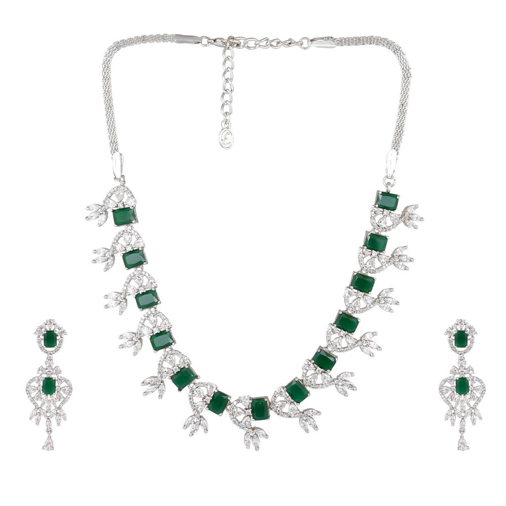 Estele Rhodium Plated Cz Magnificent Designer Necklace Set With Emerald Stones For Women : AD-711-IR-GNNKER