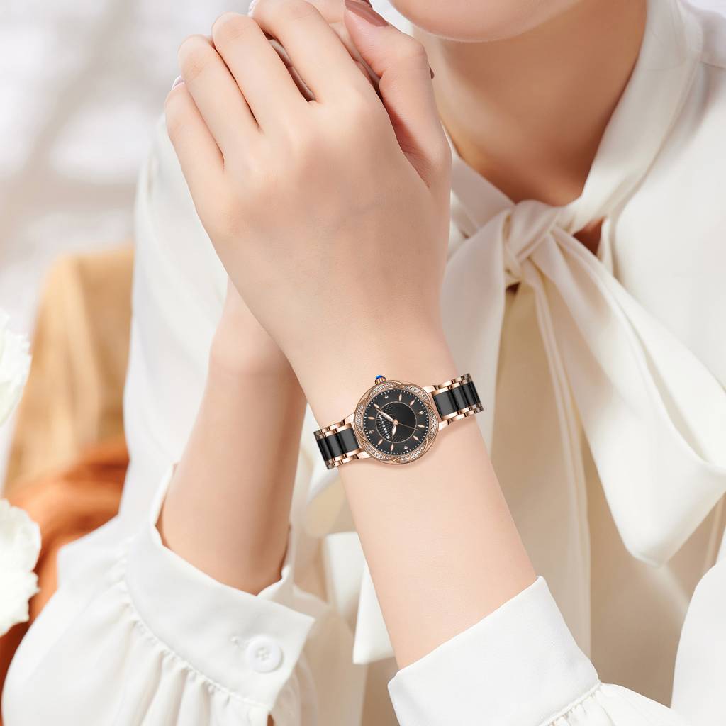 Giordano Flower Case Watch For Women With Crystal-Studded Bezel, Diamond Hour Markers & Dual Tone Stainless Stra : GZ-60095-11