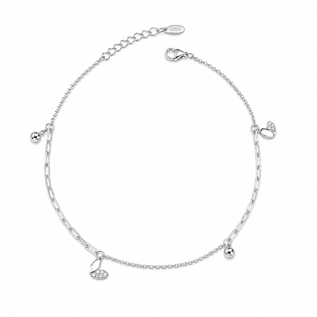 Silver Heart Charm Paperclip Anklet : AN03590