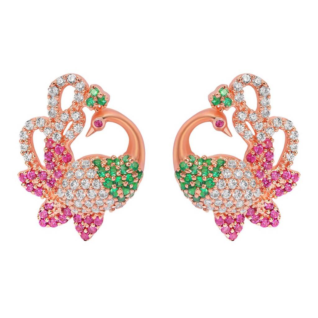 Rosy Peacock Elegance Rose Gold-Plated 925 Sterling Silver Earrings : EAR-20526-RG