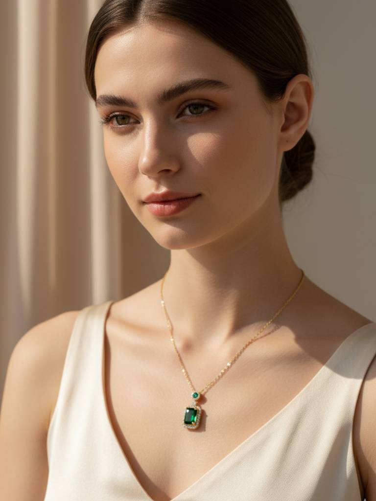 Emerald Moissanite Pendant Chain | 18K Gold Plated, Anti-Tarnish Jewelry : ATC643GMSPC